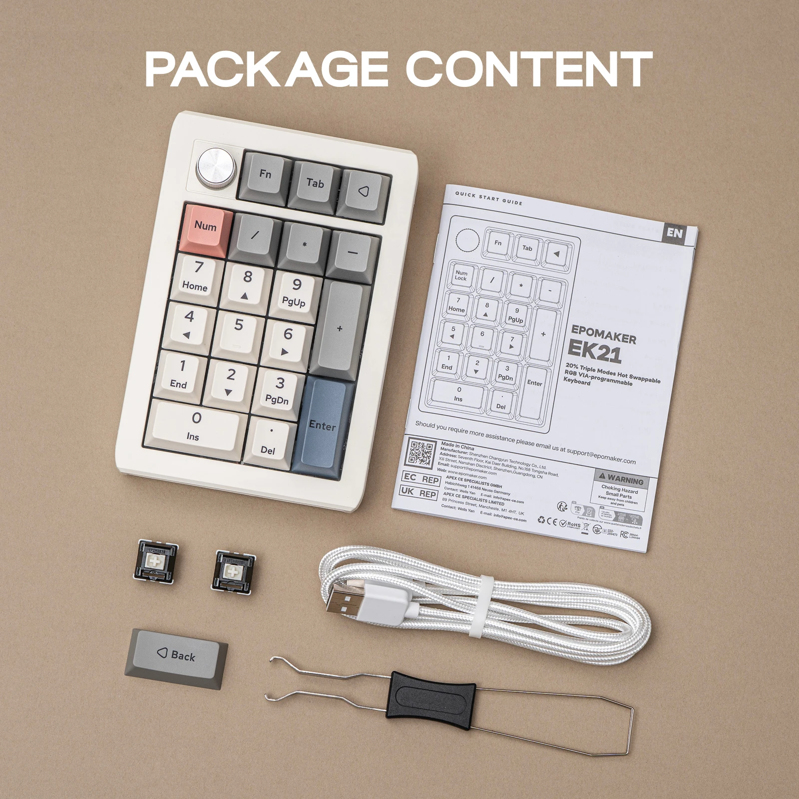 EPOMAKER EK21 VIA 20% 가스켓 유선/블루투스/2.4Ghz 무선 NKRO 숫자 패드 알루미늄 합금 손잡이 Win/Mac/게임용 1000mAh 배터리